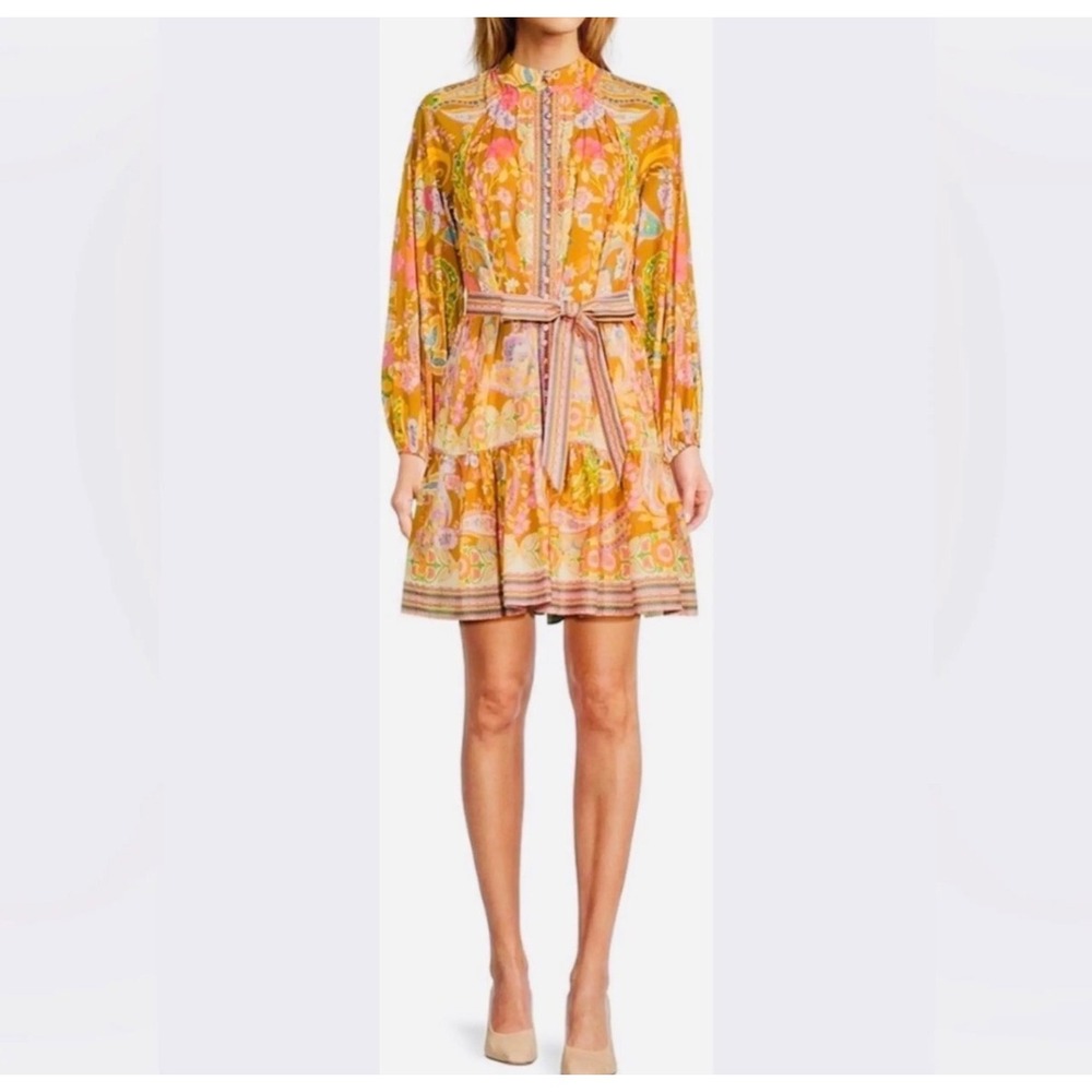 Antonio Melani Paisley Floral Cotton Mini Dress Mustard Yellow Size 16